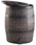 Regntønde med trælook, sorte bånd, aftageligt låg og tappehane i bunden. Tøndens form ligner en klassisk trætønde. Til udendørs brug.