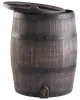 Regntønde med trælook, sorte bånd, aftageligt låg og tappehane i bunden. Tøndens form ligner en klassisk trætønde. Til udendørs brug.