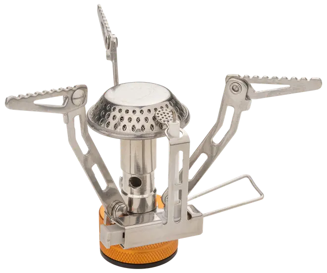 Kompakt, bærbar campingkomfur med foldbare metalarme, perforeret brænderhoved og orange base til gasdåse. Letvægtsdesign ideelt til udendørs madlavning og vandreture.