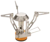 Kompakt, portabel campingkök med vikbara metallarmar, perforerat brännarhuvud och orange bas för gasbehållare. Lätt design, perfekt för utomhusmatlagning och vandring.