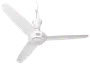 Hvid loftventilator med tre aerodynamiske blade, central motorenhed og ophængsstang. Moderne og slankt design, velegnet til hjemmet eller kontoret.