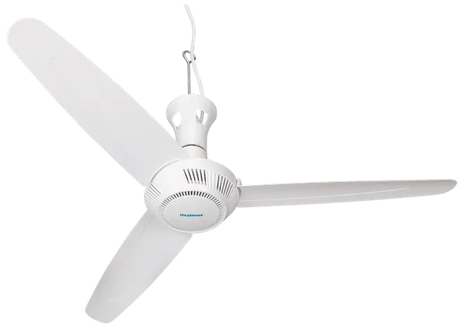 Hvid loftventilator med tre aerodynamiske blade, central motorenhed og ophængsstang. Moderne og slankt design, velegnet til hjemmet eller kontoret.