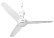 Hvid loftventilator med tre aerodynamiske blade, central motorenhed og ophængsstang. Moderne og slankt design, velegnet til hjemmet eller kontoret.