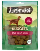 Purina Adventuros Nuggets hundgodis, vildsvinssmak, låg fetthalt, inga tillsatta färgämnen, återvinningsbar förpackning. Bilden visar nuggets och en hundillustration på framsidan.