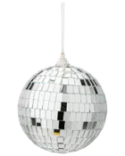 Rundt sølvfarvet diskokugle-ornament med små spejlfliser, reflekterende overflade og ophængssnor i toppen. Perfekt til fester, dekoration eller festlige begivenheder.