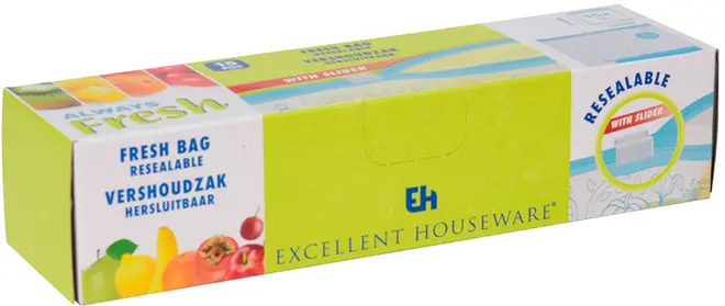 Excellent Houseware genlukkelig friskpose-boks med skyder, limegrøn og hvid emballage, 20 friskopbevaringsposer.