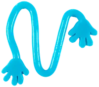 Blåt klistret hånd-legetøj med to håndformede ender og en strækbar, fleksibel krop. Lavet af blødt, klistret materiale til at kaste og fange.