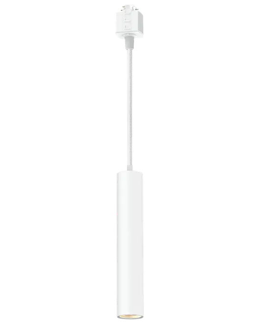 Moderne hvid pendellampe med slankt cylindrisk design, ophængt i ledning. Har skinnebeslag for nem montering, ideel til moderne indretning og fokuseret belysning.