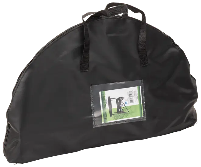 Sort, halvcirkelformet bæretaske med to håndtag, lynlåslukning og gennemsigtig lomme foran med produktetiket. Velegnet til opbevaring eller transport af udendørsudstyr.