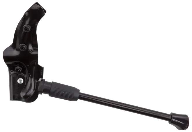 Svart justerbart cykelstöd med monteringsfäste och tre skruvar, avsett för sidomontering på cykelramen. Har räfflat grepp och bred, stabil fot.