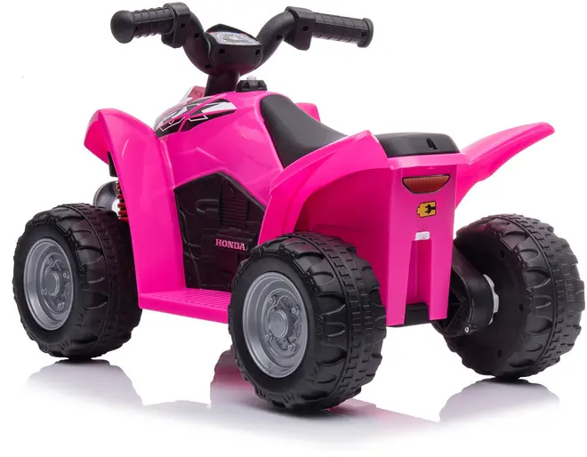 Børne el-ATV i klar pink, fire store sorte hjul, sort sæde, styr, realistiske detaljer, holdbar plast, Honda-logo, egnet til små børn, legetøjskøretøj til udendørs leg.