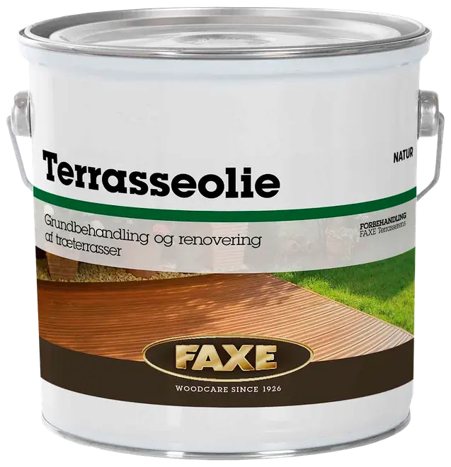 FAXE Terrasseolie, natur, til grundbehandling og renovering af træterrasser. Metalspand med håndtag, velegnet til udendørs træpleje. Træpleje siden 1926.