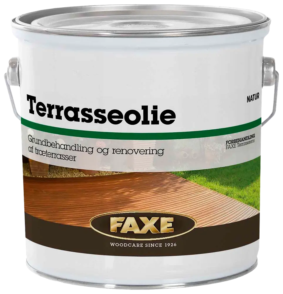 FAXE Terrasseolie, natur, til grundbehandling og renovering af træterrasser. Metalspand med håndtag, velegnet til udendørs træpleje. Træpleje siden 1926.