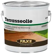 FAXE Terrasseolie, natur, til grundbehandling og renovering af træterrasser. Metalspand med håndtag, velegnet til udendørs træpleje. Træpleje siden 1926.