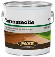FAXE Terrasseolie, natur, til grundbehandling og renovering af træterrasser. Metalspand med håndtag, velegnet til udendørs træpleje. Træpleje siden 1926.