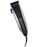 Elektrisk hårtrimmer med svart och silverfärgad kropp, ergonomiskt grepp, justerbar blakniv och sladd. Handtaget har halvmåneformade detaljer för stil och grepp.