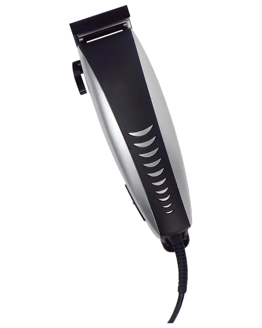 Elektrisk hårtrimmer med svart och silverfärgad kropp, ergonomiskt grepp, justerbar blakniv och sladd. Handtaget har halvmåneformade detaljer för stil och grepp.