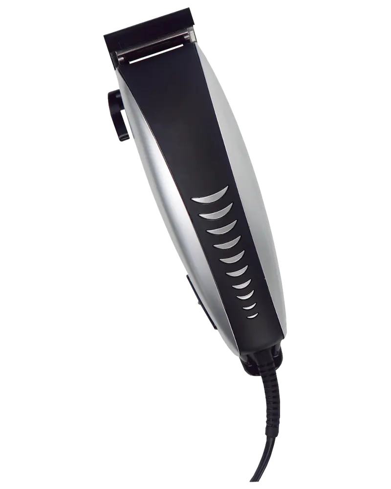 Elektrisk hårtrimmer med svart och silverfärgad kropp, ergonomiskt grepp, justerbar blakniv och sladd. Handtaget har halvmåneformade detaljer för stil och grepp.