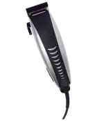 Elektrisk hårtrimmer med svart och silverfärgad kropp, ergonomiskt grepp, justerbar blakniv och sladd. Handtaget har halvmåneformade detaljer för stil och grepp.