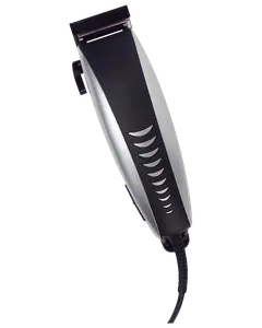 Elektrisk hårtrimmer med svart och silverfärgad kropp, ergonomiskt grepp, justerbar blakniv och sladd. Handtaget har halvmåneformade detaljer för stil och grepp.