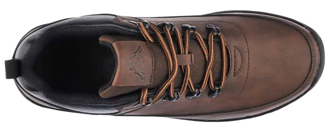 Brun läderkänga med svart vadderad krage, orange och svarta snören, metallöglor och robust design. Toppvy visar detaljerade sömmar och logotyp på plösen.