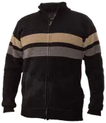 Herresweater med lynlås, høj krave, sort bundfarve, beige og grå vandrette striber over bryst og ærmer, ribkanter ved ærmer og bund samt to forlommer.
