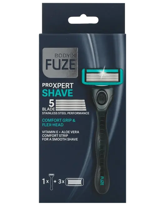 Herreskraber med 5 rustfri stålblade, komfortgreb, fleksibelt hoved og komfortstribe med E-vitamin og aloe vera. Indeholder ét håndtag og tre ekstra blade.
