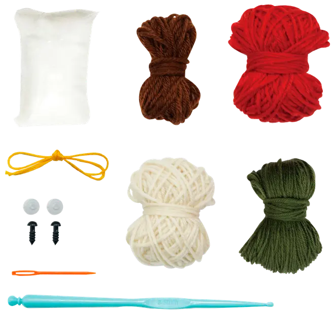 Håndarbejdssæt med fem garnfarver, fyld, to sikkerhedsøjne, to maskemarkører, garnnål, hæklenål og vejledning. Perfekt til amigurumi eller små hækleprojekter.