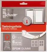 Schuster tætningsliste til vinduer og døre, D-profil, EPDM gummi, 6 meter (2 x 3 meter), passer til sprækker 3-7 mm, hvid, emballagen viser produktdetaljer.