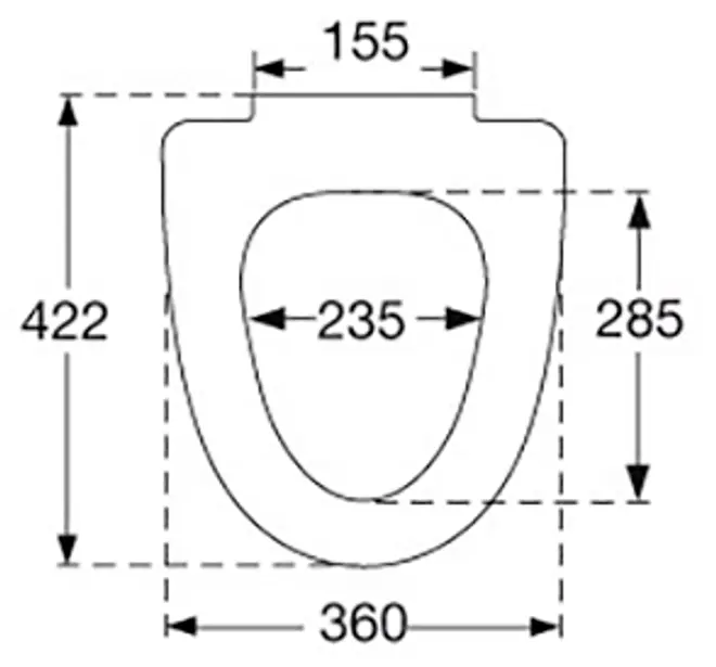Teknisk tegning af toiletsæde med mål: 422 mm lang, 360 mm bred, 235 mm indvendig åbning og 155 mm topbredde.