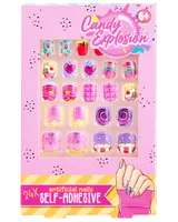 Sæt med 24 selvklæbende kunstige negle til børn, med farverige slik-inspirerede motiver som cupcakes, hjerter, regnbuer og snirkler. Passer til børn fra 6 år.