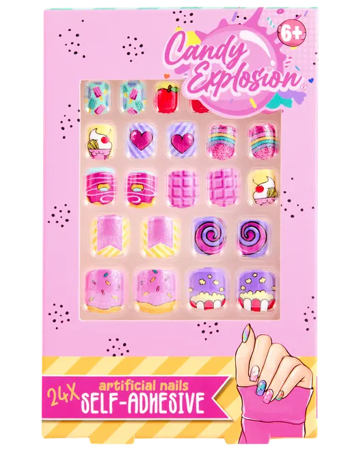 Sæt med 24 selvklæbende kunstige negle til børn, med farverige slik-inspirerede motiver som cupcakes, hjerter, regnbuer og snirkler. Passer til børn fra 6 år.