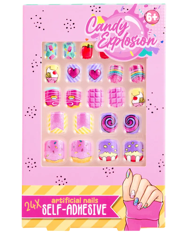 Sæt med 24 selvklæbende kunstige negle til børn, med farverige slik-inspirerede motiver som cupcakes, hjerter, regnbuer og snirkler. Passer til børn fra 6 år.