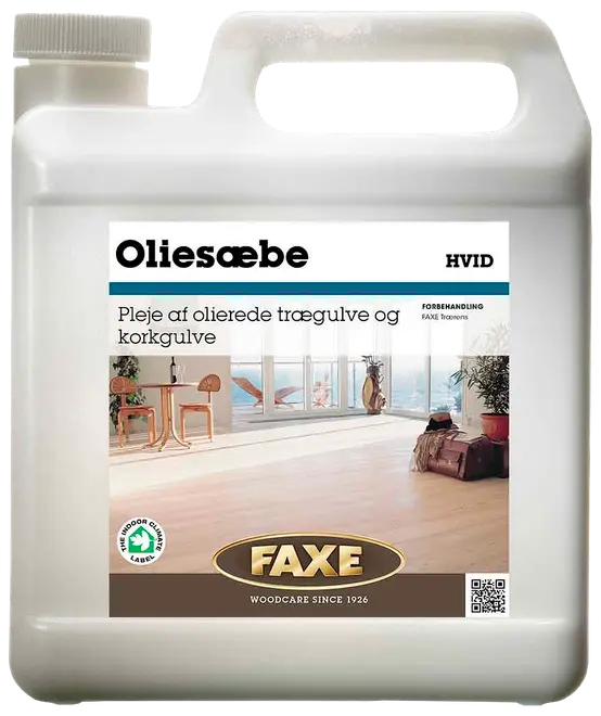 FAXE Hvid Oliesæbe til rengøring og pleje af olierede træ- og korkgulve. Leveres i plastdunk med hank og skruelåg, egnet til indendørs brug.