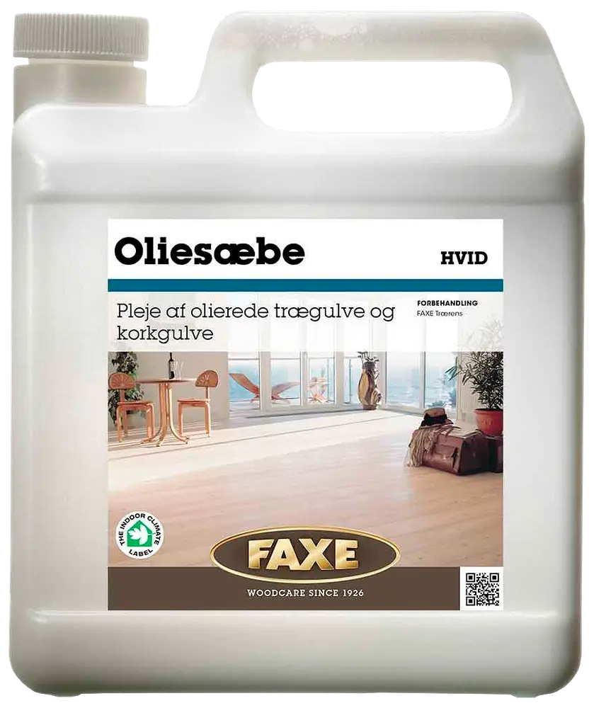 FAXE Hvid Oliesæbe til rengøring og pleje af olierede træ- og korkgulve. Leveres i plastdunk med hank og skruelåg, egnet til indendørs brug.