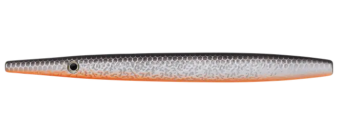 Sølvfarvet fiskelignende fiskelokke med hexagonmønster, orange underside og et enkelt sideøje.