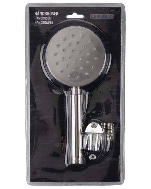 Håndbruser sæt med rund, sølvfarvet bruserhoved, flere dyser, tilhørende slange og vægbeslag, pakket i klar plastemballage.