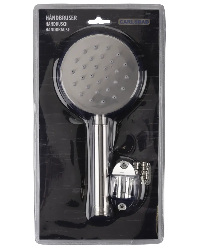 Håndbruser sæt med rund, sølvfarvet bruserhoved, flere dyser, tilhørende slange og vægbeslag, pakket i klar plastemballage.