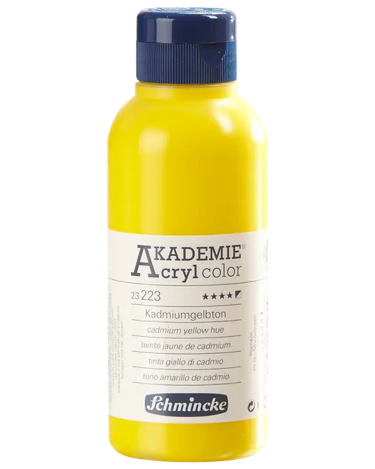 500 ml flaska Schmincke Akademie Acryl Color akrylfärg i kadmiumgul nyans, med blått skruvlock och flerspråkig etikett med färg- och produktinformation.