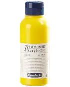 500 ml flaska Schmincke Akademie Acryl Color akrylfärg i kadmiumgul nyans, med blått skruvlock och flerspråkig etikett med färg- och produktinformation.