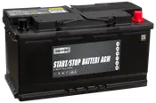 Sort AGM bilbatteri med mærkede terminaler, sideetiket med mærket Branford, start/stop-funktion, dimensioner og ikoner til bilbrug. Robust plastkabinet, egnet til moderne køretøjer.