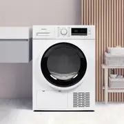 Hvid frontbetjent tørretumbler med stor sort rund låge, digitalt display, centralt programhjul og nederste serviceklap.