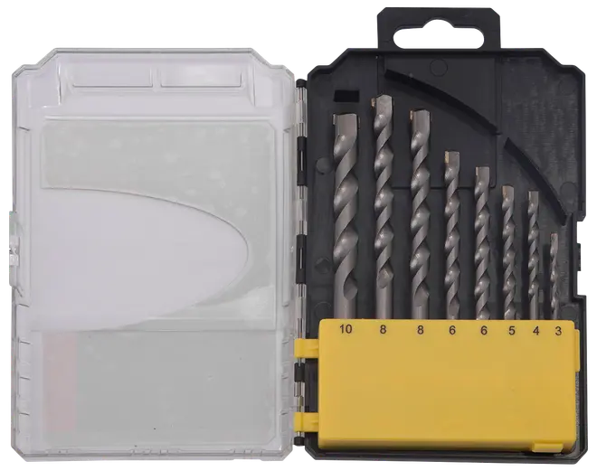 Sæt med otte metalbor i plastkasse, størrelser 3 mm til 10 mm, organiseret i gul holder for nem udvælgelse og opbevaring. Velegnet til forskellige boreopgaver.