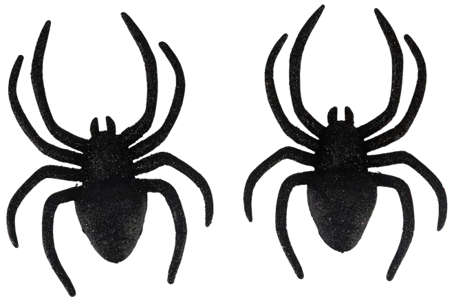 Två svarta glittriga spindeldekorationer med åtta ben vardera, realistisk textur, lätt plastmaterial. Perfekta för Halloween, fester eller skrämmande dekorationer.
