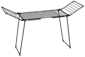 Sort metal sammenklappelig tørrestativ med tre sektioner: et centralt fladt område og to sidevinger, støttet af fire skrå ben. Velegnet til tørring af tøj.