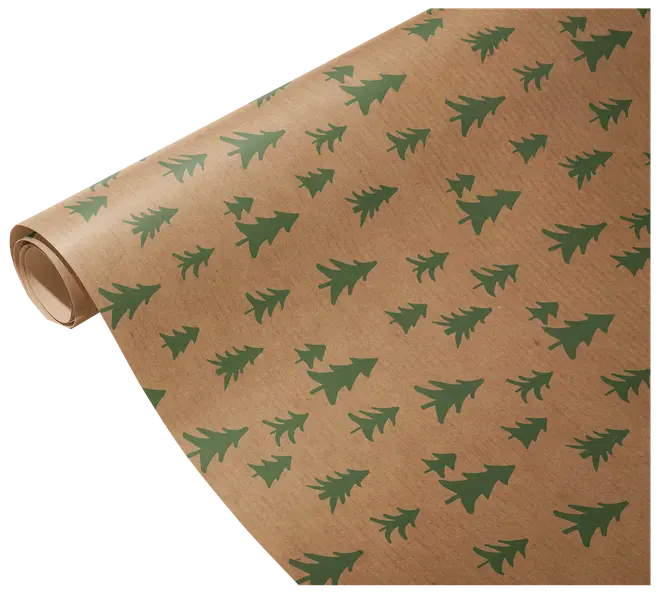 Brunt presentpapper på rulle med återkommande mönster av gröna julgranar i olika storlekar, perfekt för julklappsinslagning.