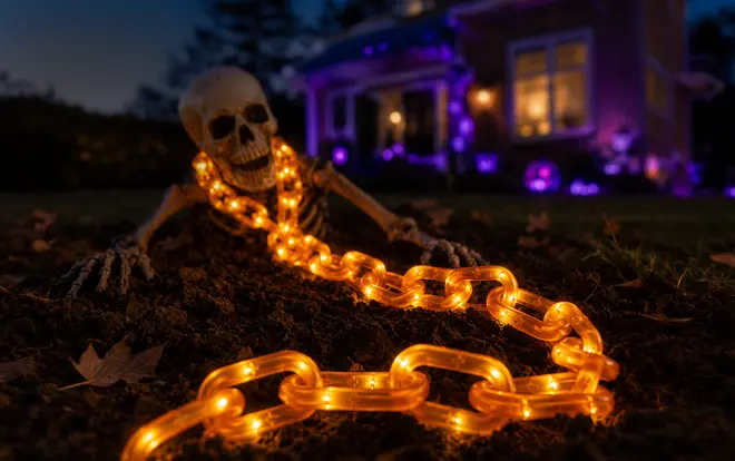 Halloween-dekoration med et skelet og en lysende orange lyskæde, velegnet til udendørs brug. Kæden lyser op og skaber en uhyggelig stemning til haven.