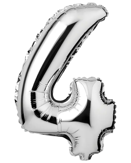 Stor silverfärgad folieballong formad som siffran 4, med blank metallisk yta och självförslutande ventil, perfekt för fester, födelsedagar eller firanden.
