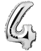 Stor sølvfarvet folieballon formet som tallet 4, med blank metallisk overflade og selvforseglende ventil, ideel til fester, fødselsdage eller fejringer.