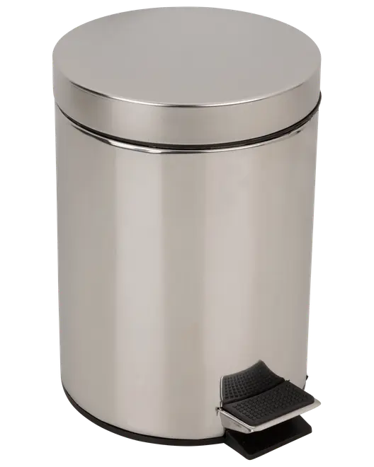 Rund pedalspand i rustfrit stål med fladt låg og sort rillet fodpedal. Kompakt design, ideel til badeværelser eller små rum. Glat, blank overflade.